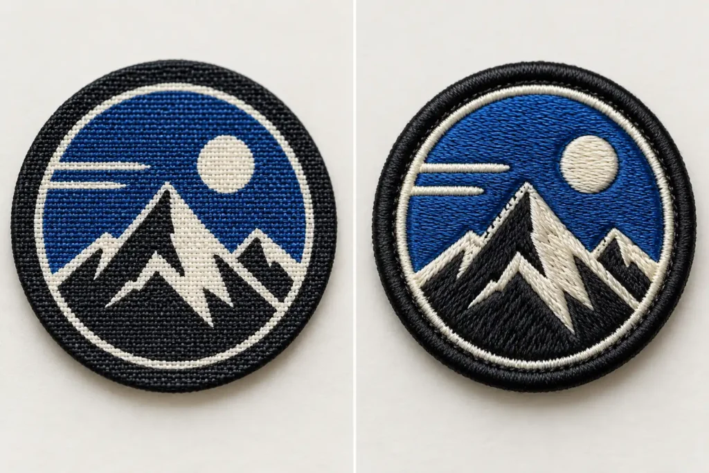 Macro comparison of a flat woven mountain patch on the left and a raised embroidered version on the right.
