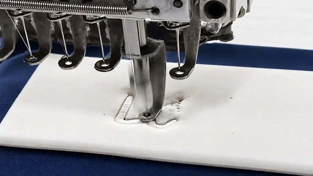 Industrial embroidery machine stitching white thread through a foam sheet on dark blue fabric