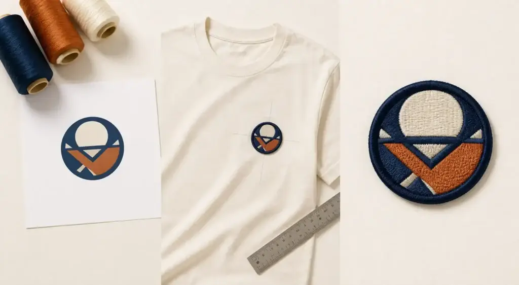 Matching logo artwork, embroidery threads, T-shirt placement mockup, and finished embroidered patch sample.