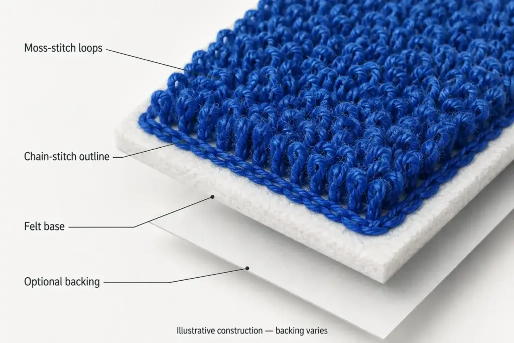 Illustrative chenille patch layers labeled moss-stitch loops, chain-stitch outline, felt base, and optional backing.