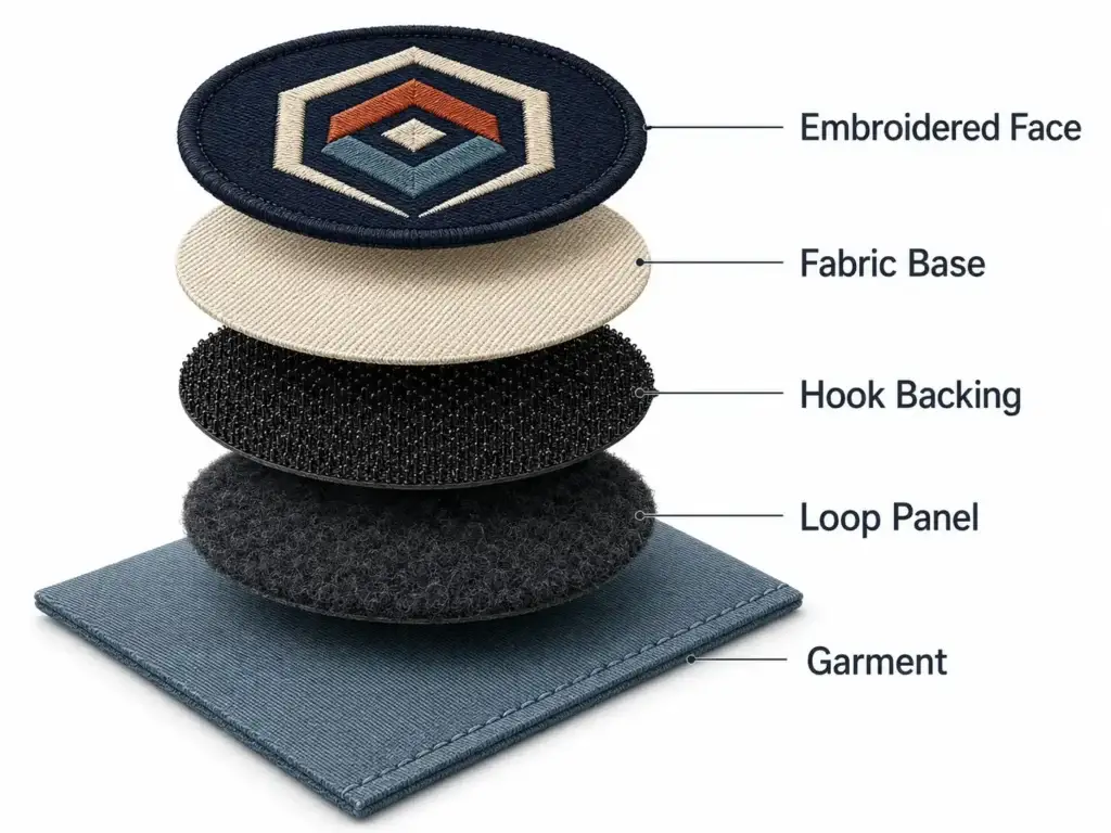 Exploded diagram showing an embroidered face, fabric base, hook backing, loop panel, and garment layer