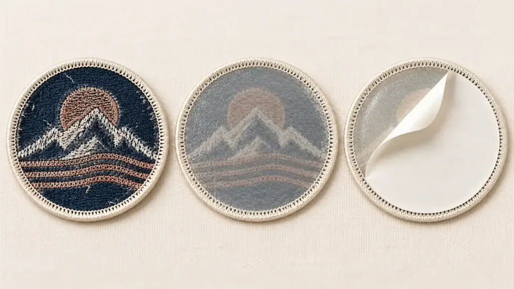 Three matching embroidered patches compare an uncoated textile reverse, a translucent heat-activated film, and partially peeled self-adhesive release paper.