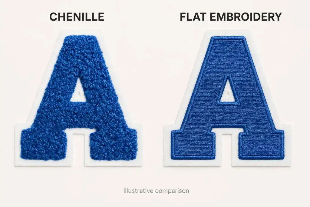 Blue letter A patches compared in raised chenille and flat embroidery, both with white felt borders.