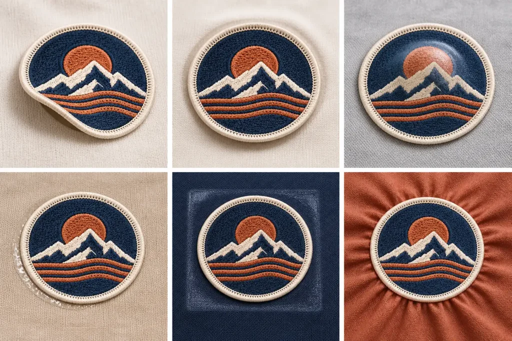 Six close-ups show a lifted edge, loose perimeter, center bubble, adhesive bleed, shiny press mark, and puckered fabric around iron-on patches.