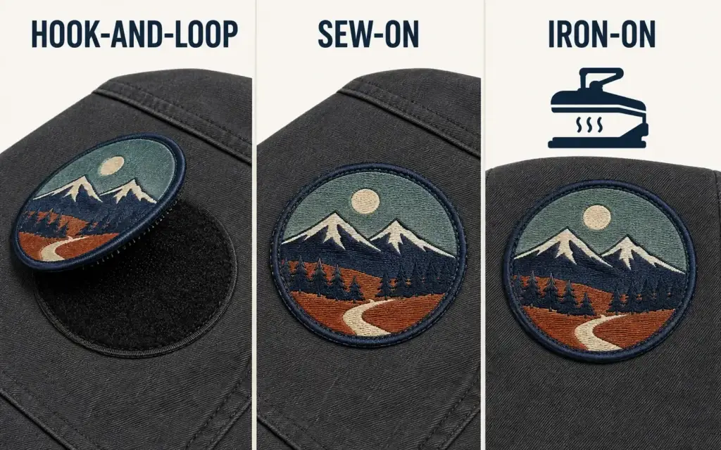 | Three-panel comparison of hook-and-loop, sew-on, and iron-on attachment methods using a matching embroidered patch design