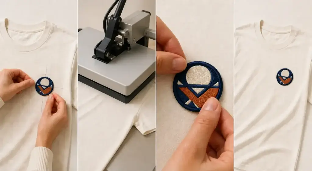 Four-step sequence showing patch alignment, heat pressing, edge inspection, and the finished cream T-shirt.