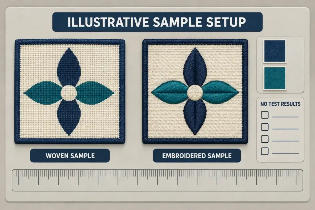 Illustrated quality-control board with equal-size woven and embroidered samples, a ruler, color chips, and an empty test checklist.