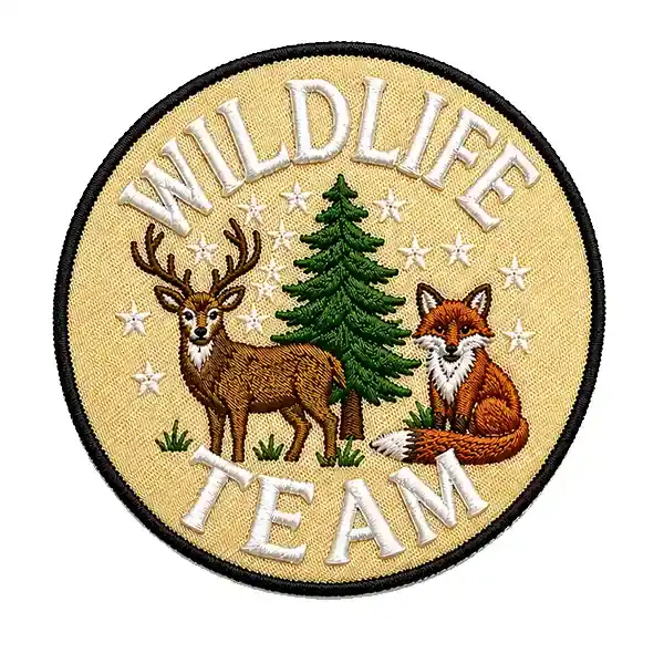 Round Wildlife Team patch with raised white lettering and lower-profile embroidered deer, fox and pine tree