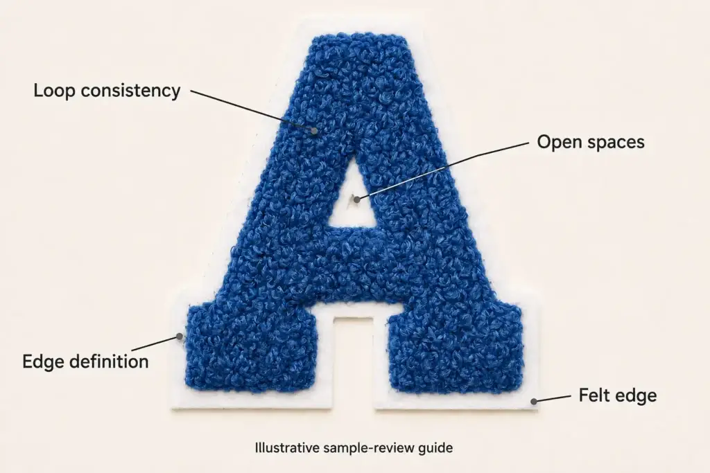 | Blue chenille letter A with callouts for loop consistency, open spaces, edge definition, and the felt edge.