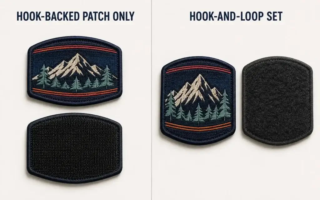 Hook-backed embroidered patch shown alone beside a complete set with a separate matching loop panel