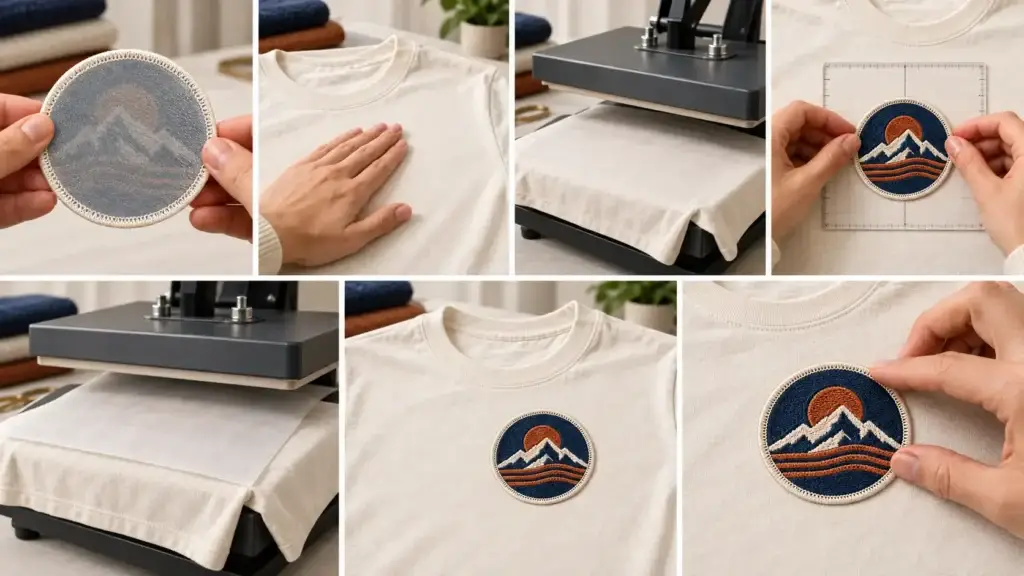 Seven-panel sequence shows checking the backing, preparing a shirt, pre-pressing, aligning, heat pressing, cooling, and inspecting an embroidered patch.