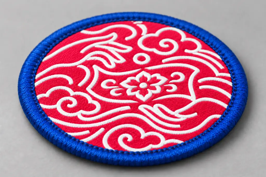 Low-angle macro view of an unbranded coral woven patch with fine cream linework and a raised blue stitched border.