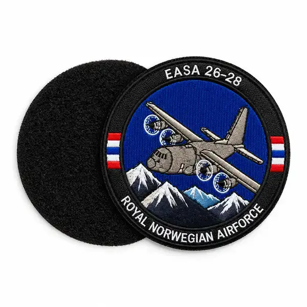 Royal Norwegian Air Force EASA 26-28 embroidered aviation patch featuring a military aircraft and snow-covered mountains